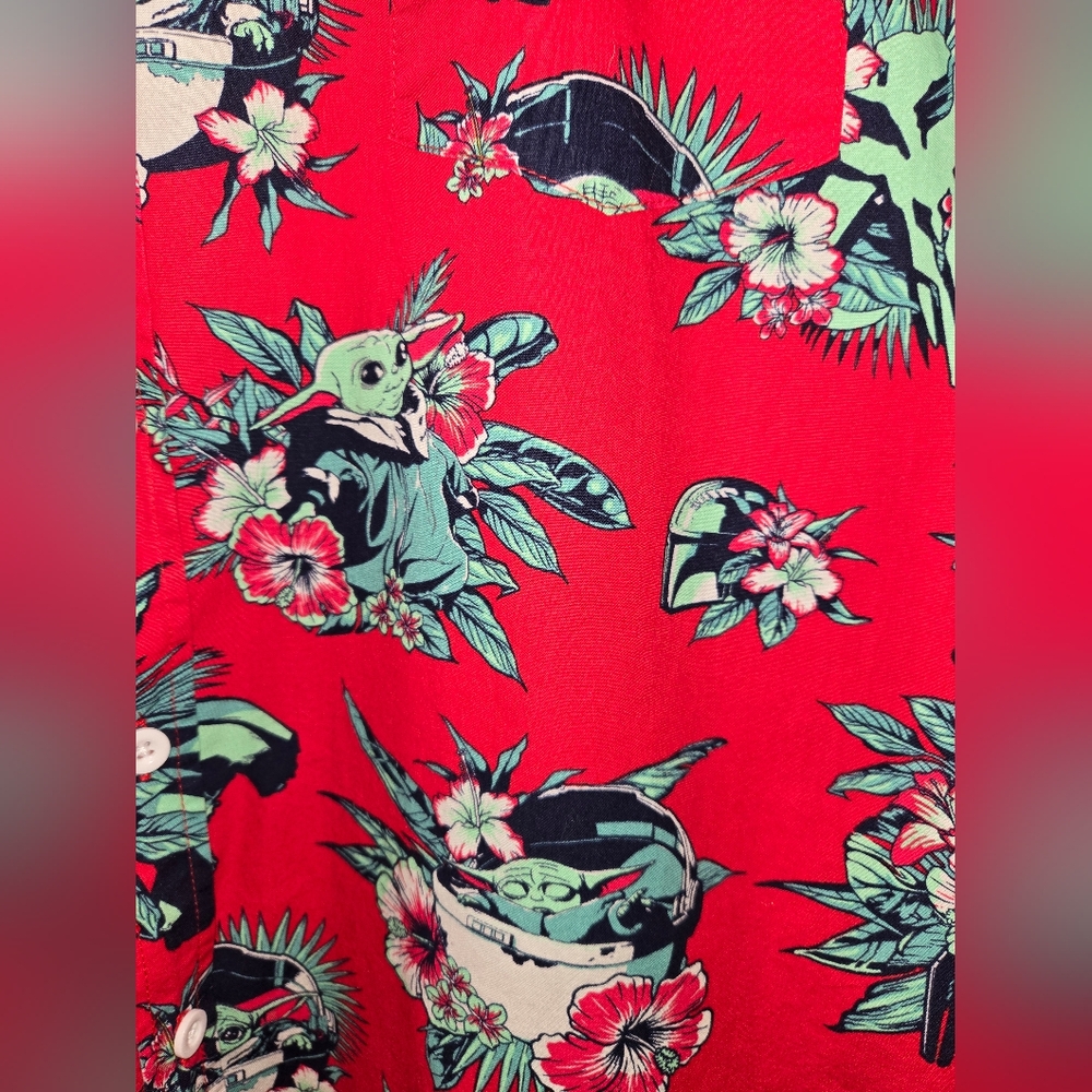 Star Wars Baby Yoda Boba Fett Hawaiian Shirt Floral Aloha Sz L - Picture 2 of 5